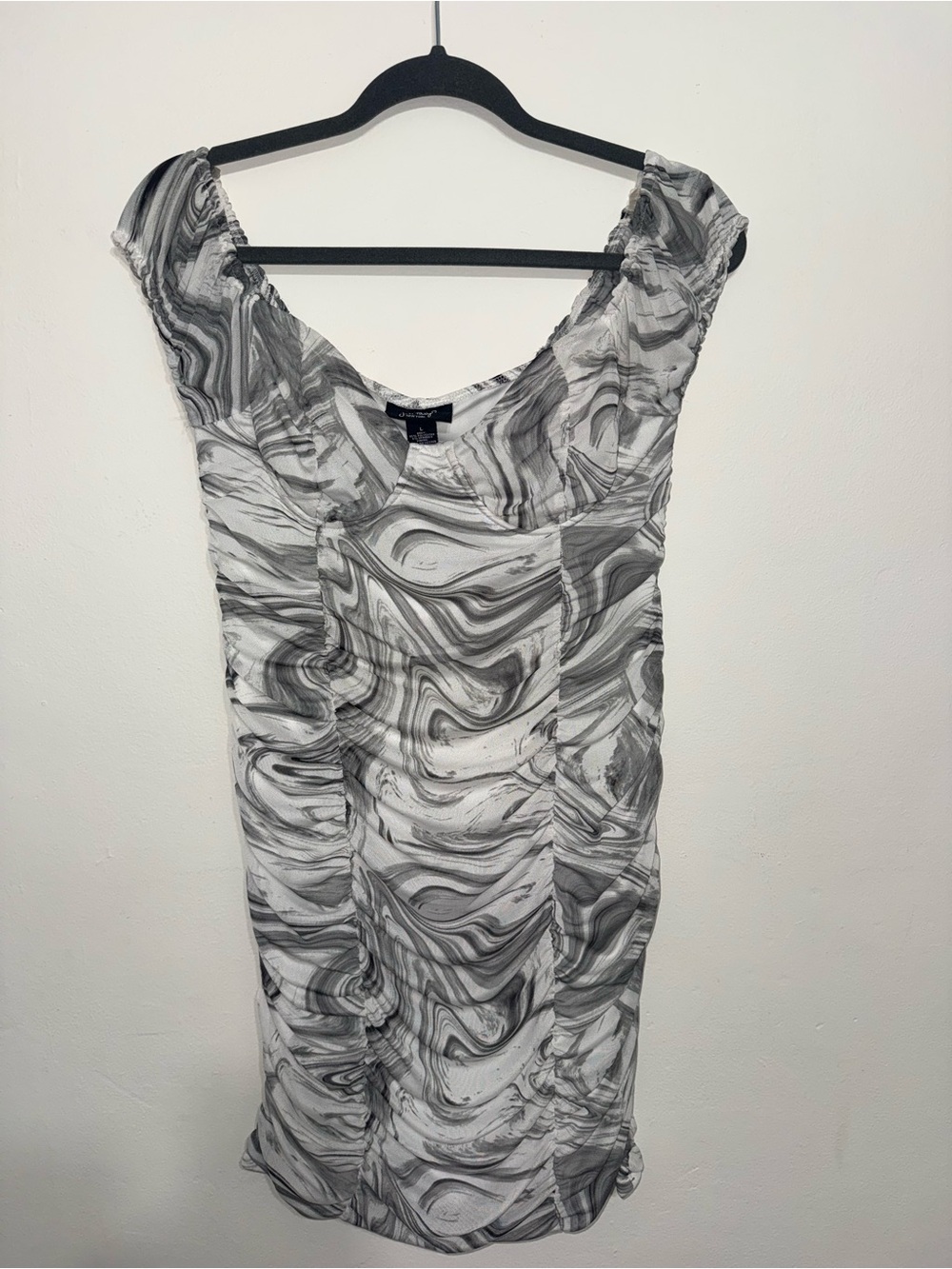Marble-Print Ruched Mini Dress in Black & White